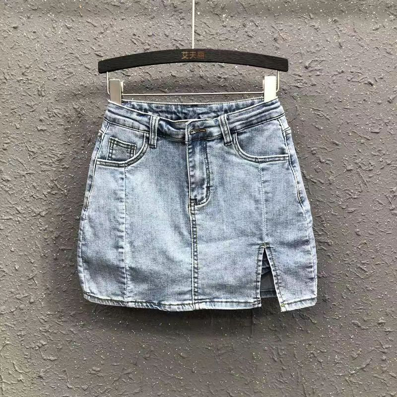 Korean split high waist thin denim skirt