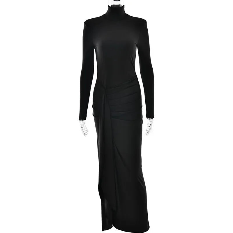 Turtleneck Thigh High Draped Bandage Bodycon Maxi Dress