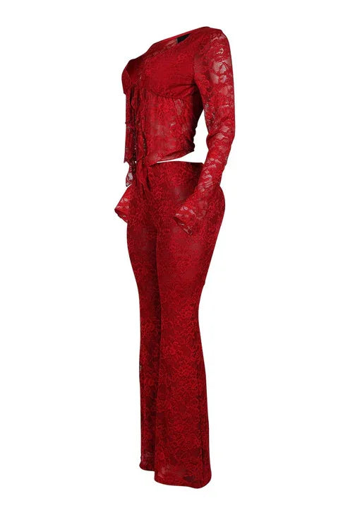 Long Sleeve Lace See Through Shirt + Long Pants Two Piece Sets