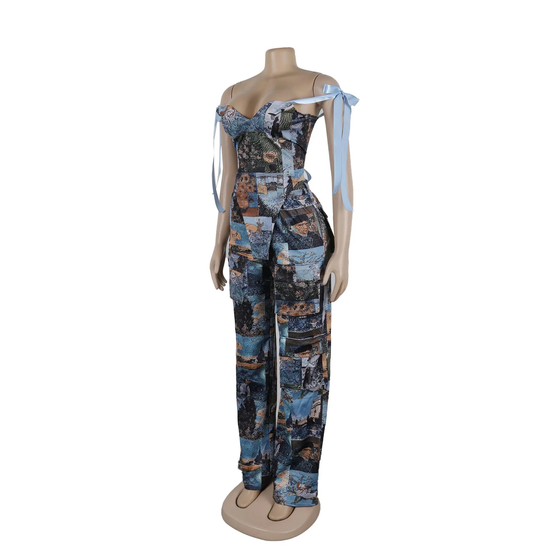 Oil Painting Ink Splash Printing Drawstring Tie Lace Multi-Pocket Straight Pants Two Piece Set