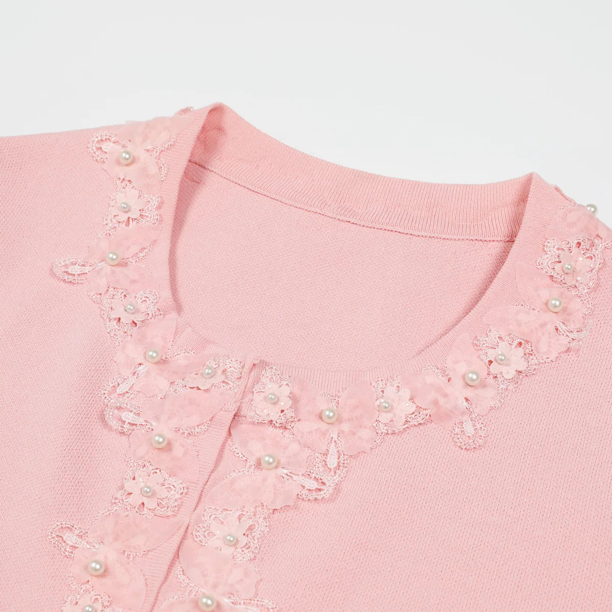 French Elegant Beaded Flower Short Sleeve Knitted Tops High Waist Slim Fit Bodycon Skirts Two-Piece Set