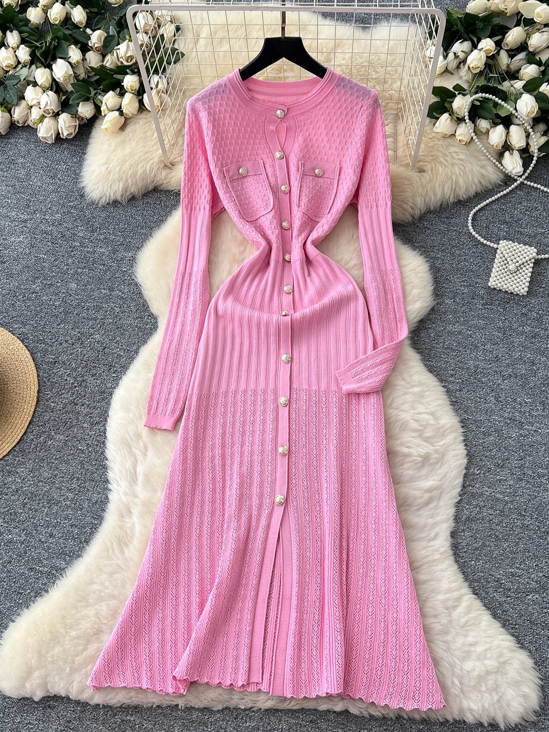 High-Waisted Knitted Long Autumn Hollow out Dress
