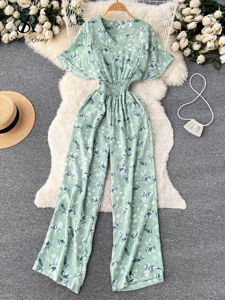 Floral V Neck Jumpsuits Retro Long Rompers