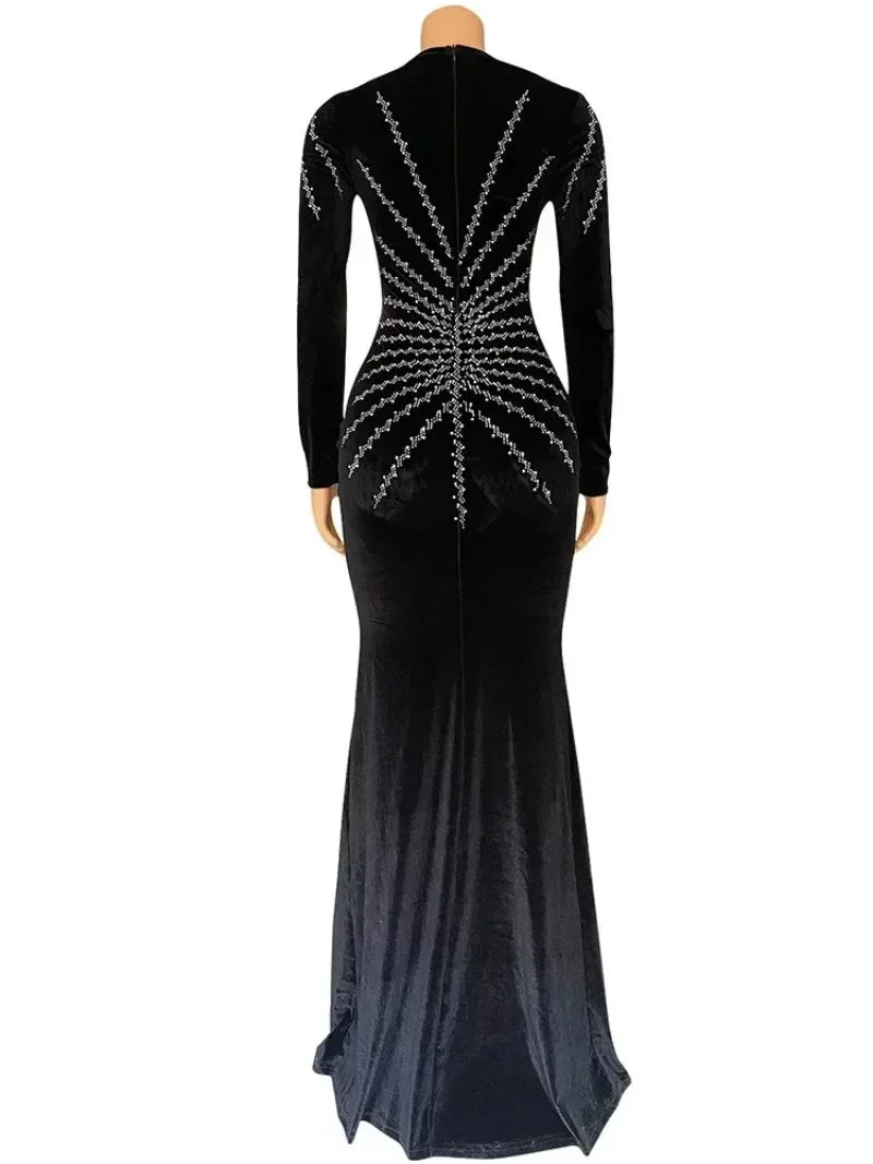 Elegant Diamonds Velvet Long Party Dress