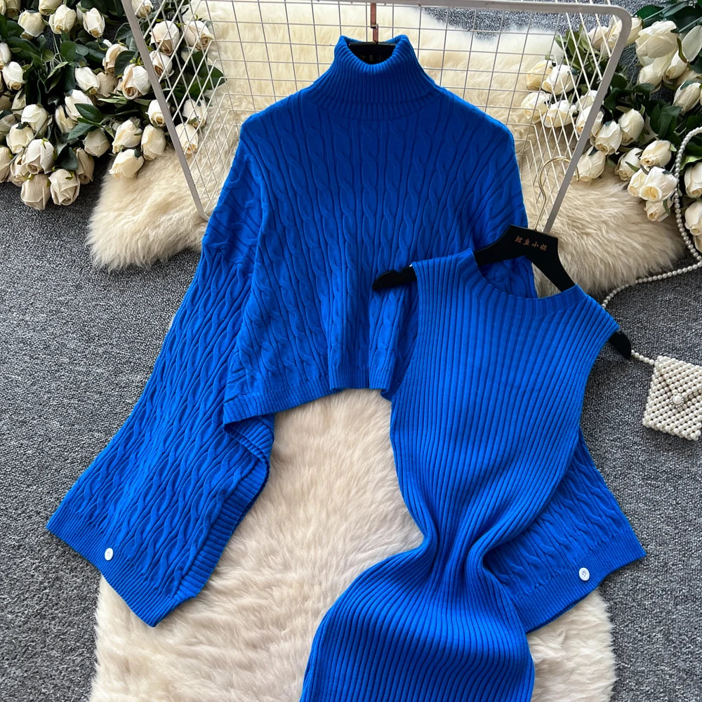 Turtleneck Sweater Suits Batwing Sleeves Short Pullovers+Bodycon Tank Dress Knitted 2Pcs Sets