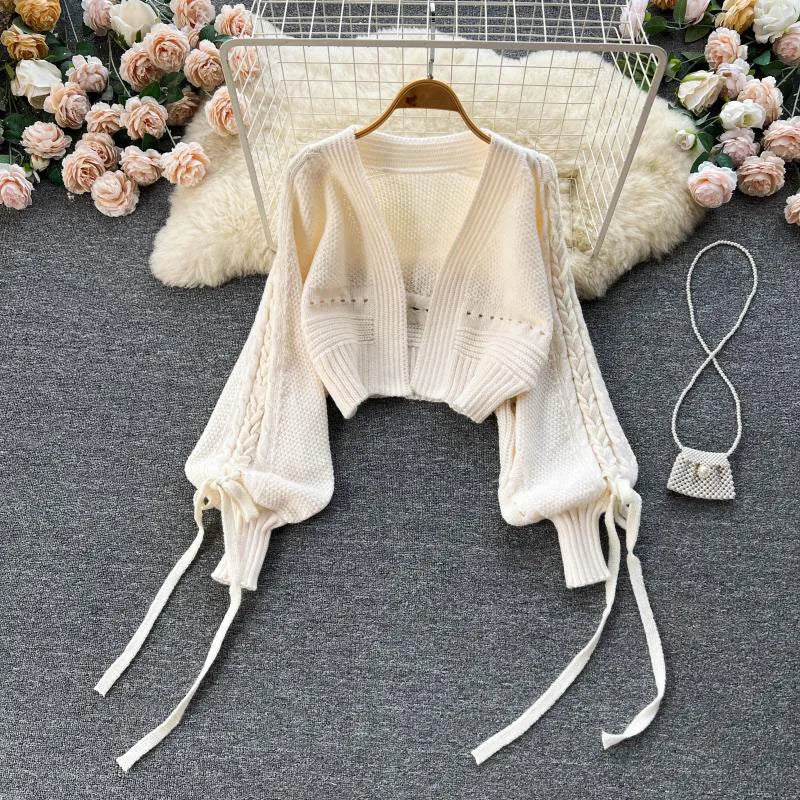 Knitted Crop Cardigans Sweet Winter Korean Elegant All Match Cardigan Lantern Sleeve