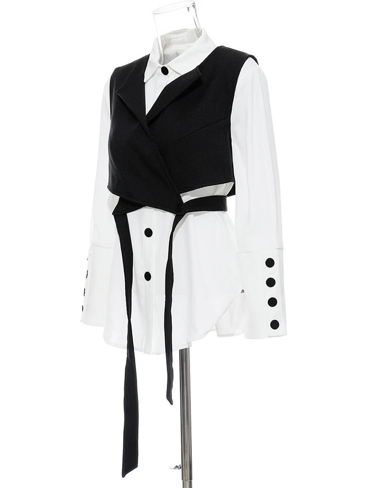Bandage Vest Two Piece Lapel Long Sleeve Loose Fit Women Blouse