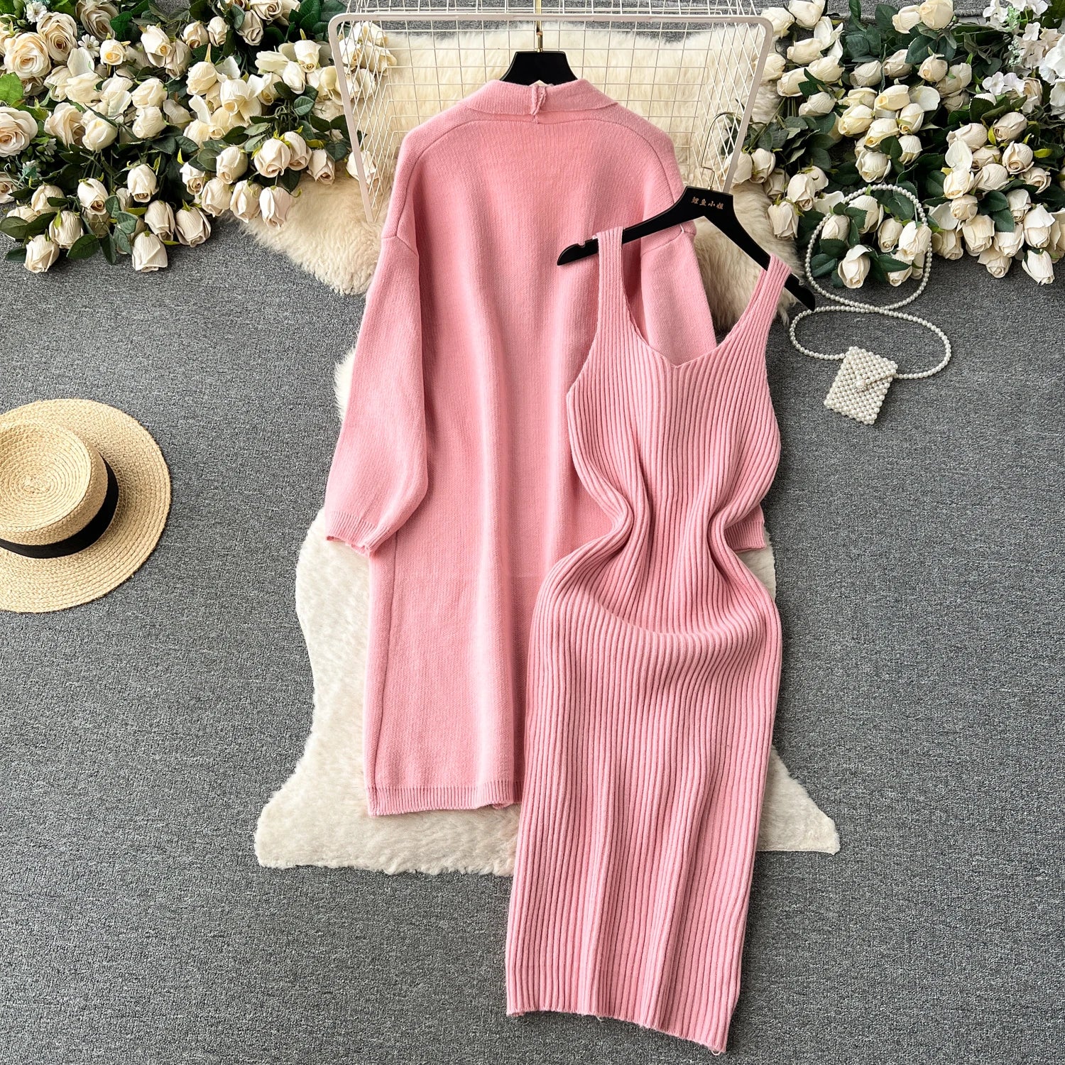 Autumn Thick Warm Knitted Suits Knit Dress+Loose Long Cardigans Sweater Casual Two Pieces Sets