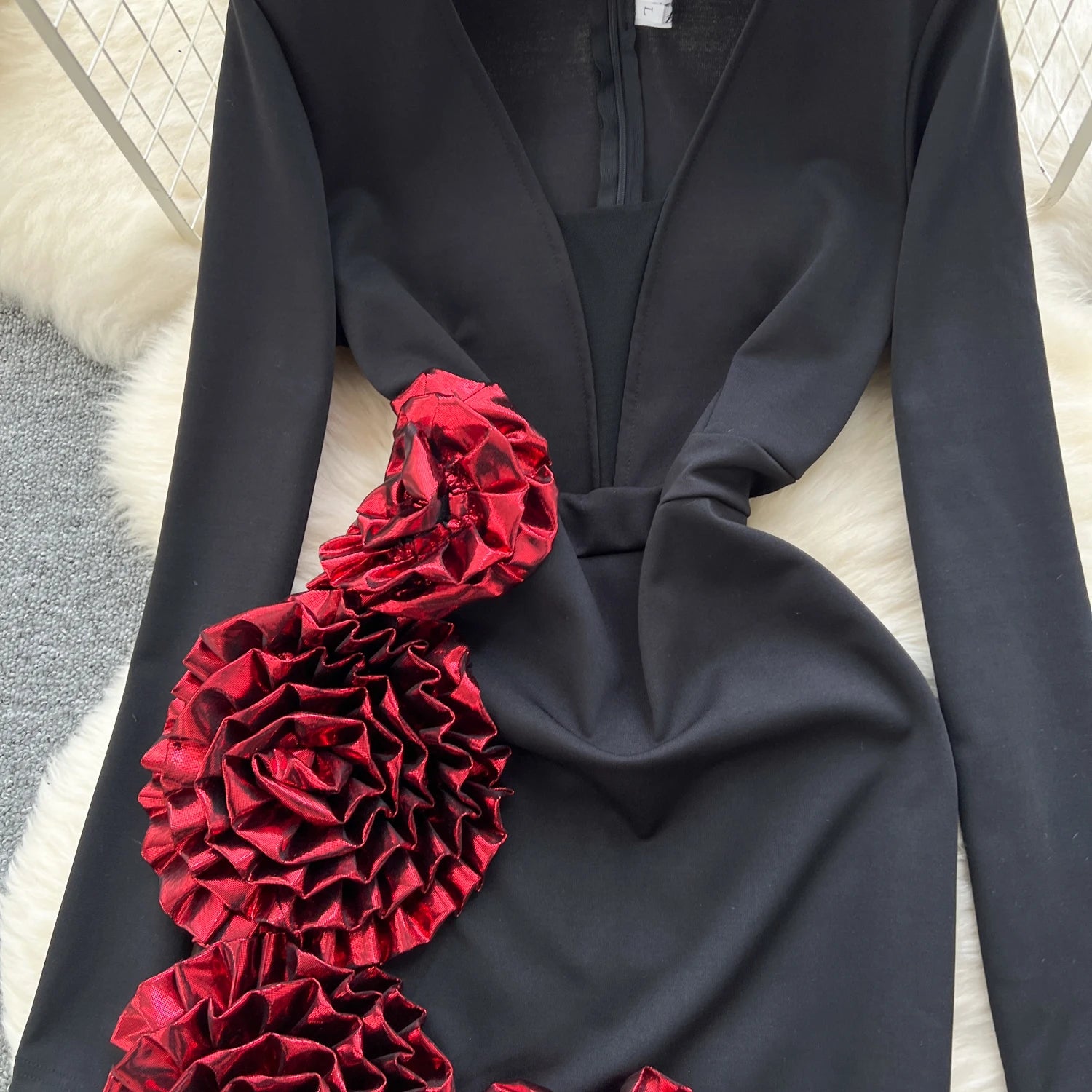 Elegant Three-dimensional floral asymmetrical long sleeve Dress