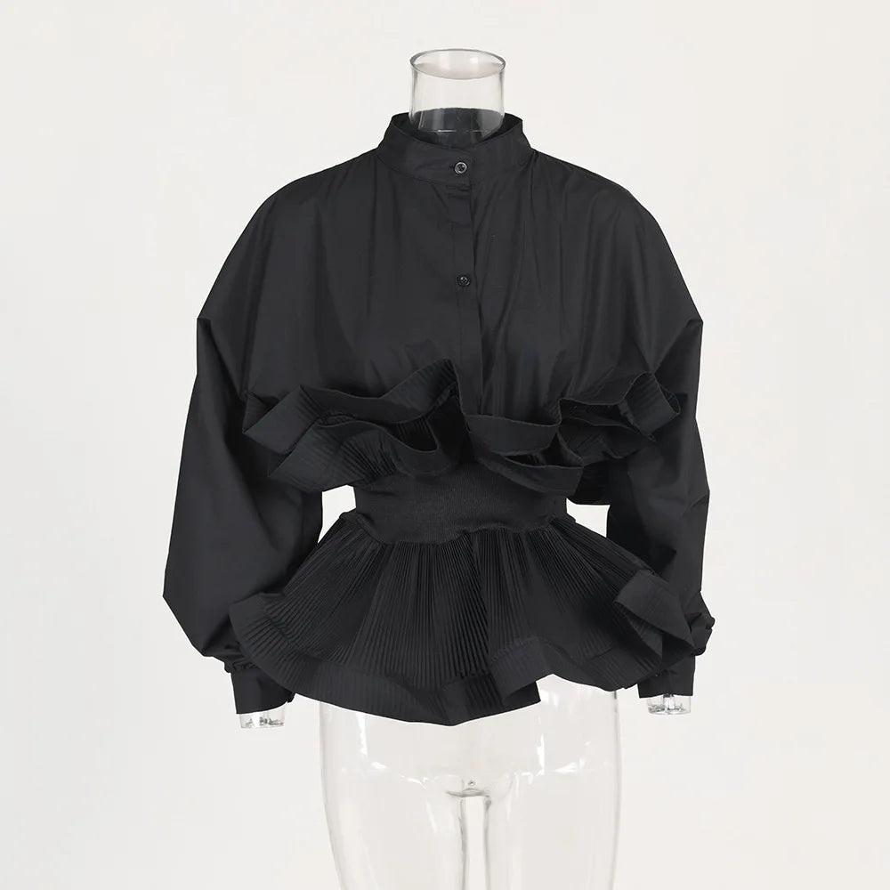 Puff Sleeve Pleated Ruffle Elegant Patchwork y2k Blouse