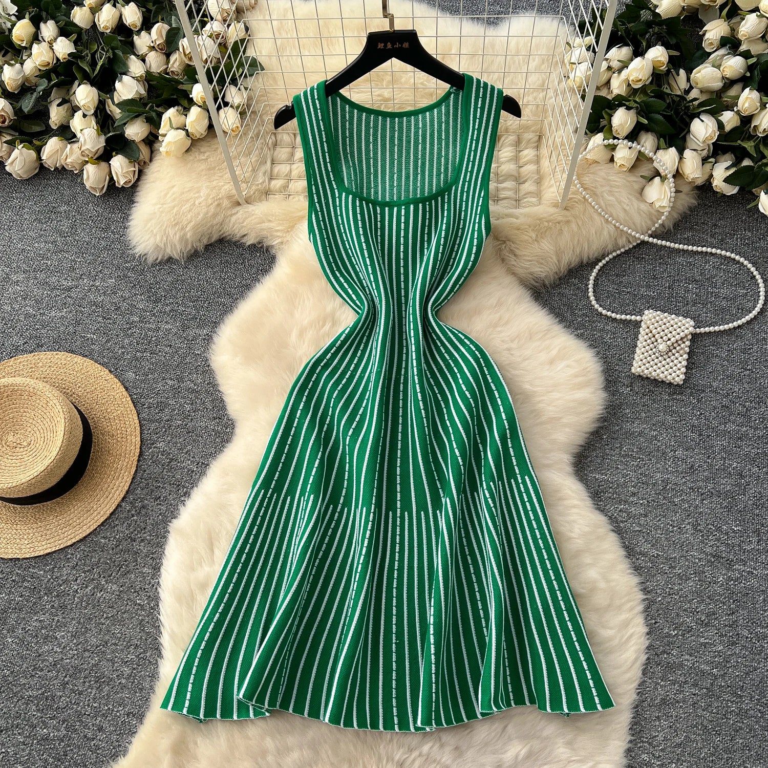Knitting Stripe Sleeveless Slim Fit A Line Tank Dress