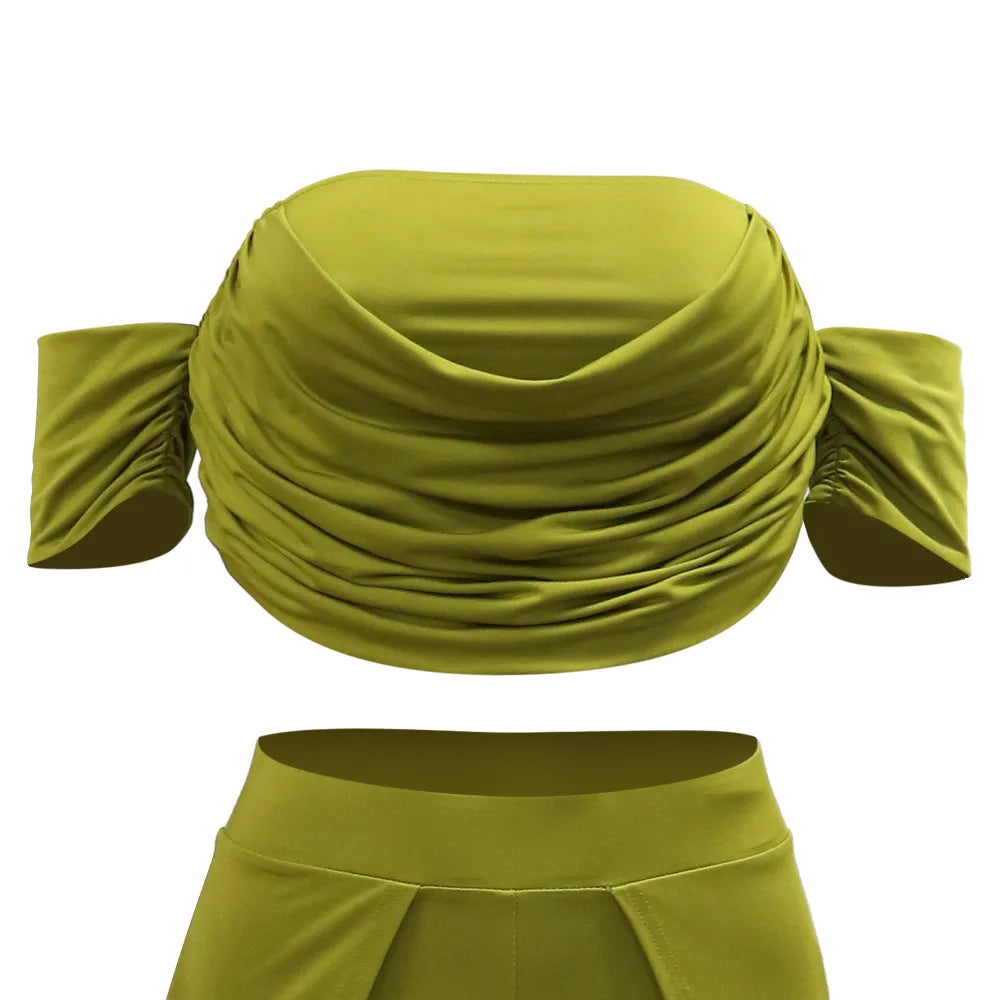 Short Sleeve Slash Neck Ruched Tops and Wide Leg split Pants Two 2 Piece Sets Outfit