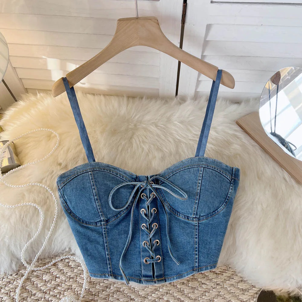 Spaghetti Strap Denim Drawstring Tanks Camis