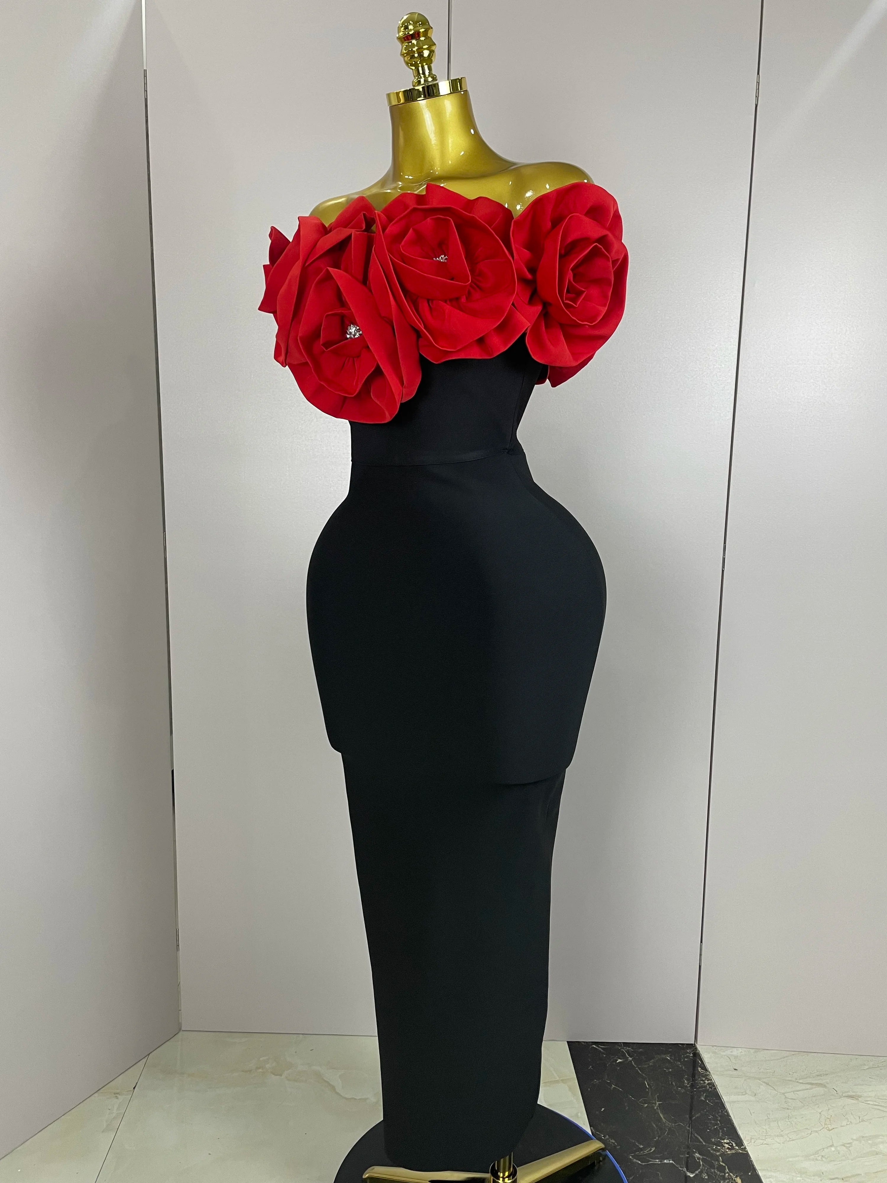 Stereoscopic Flowers Off The Shoulder Ankle Length Bandage Dress