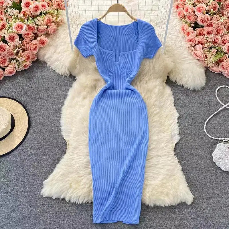 Elegant Square Neck Short Sleeve Slim Fit Knitted Bodycon Dress