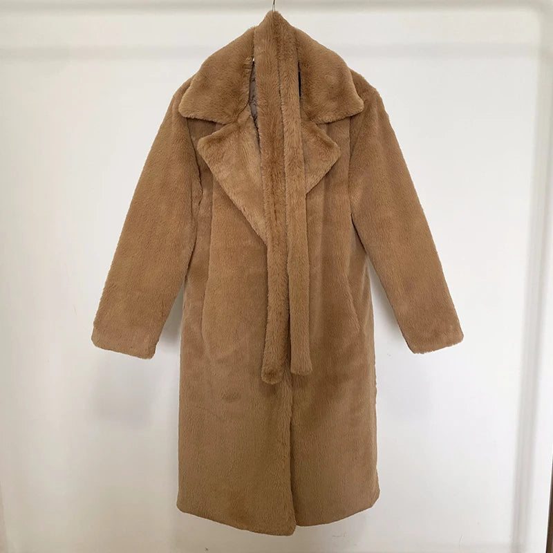 Oversized Lapel Belted Faux Rabbit Fur Coat