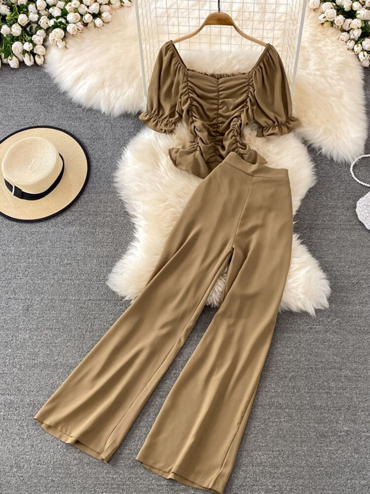 High Waist Drape Pants, Square Collar  Blouse Two-piece Suit