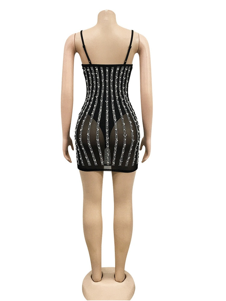 See-Through Pearls Crystal Sequin Bodysuit Dresses