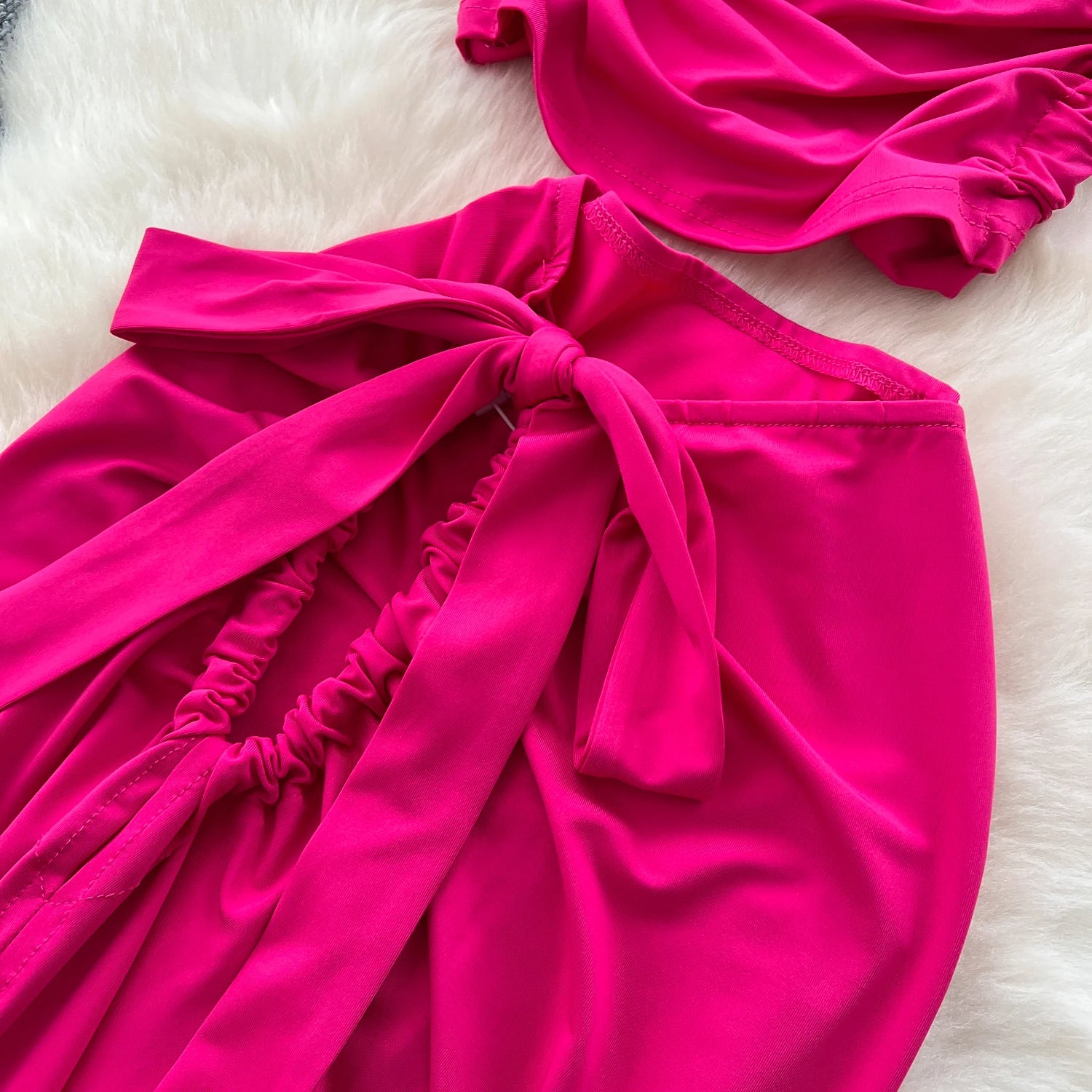 Halter Pleated Backless Top+Lace Up Split Long Skirt Two Pieces Sets