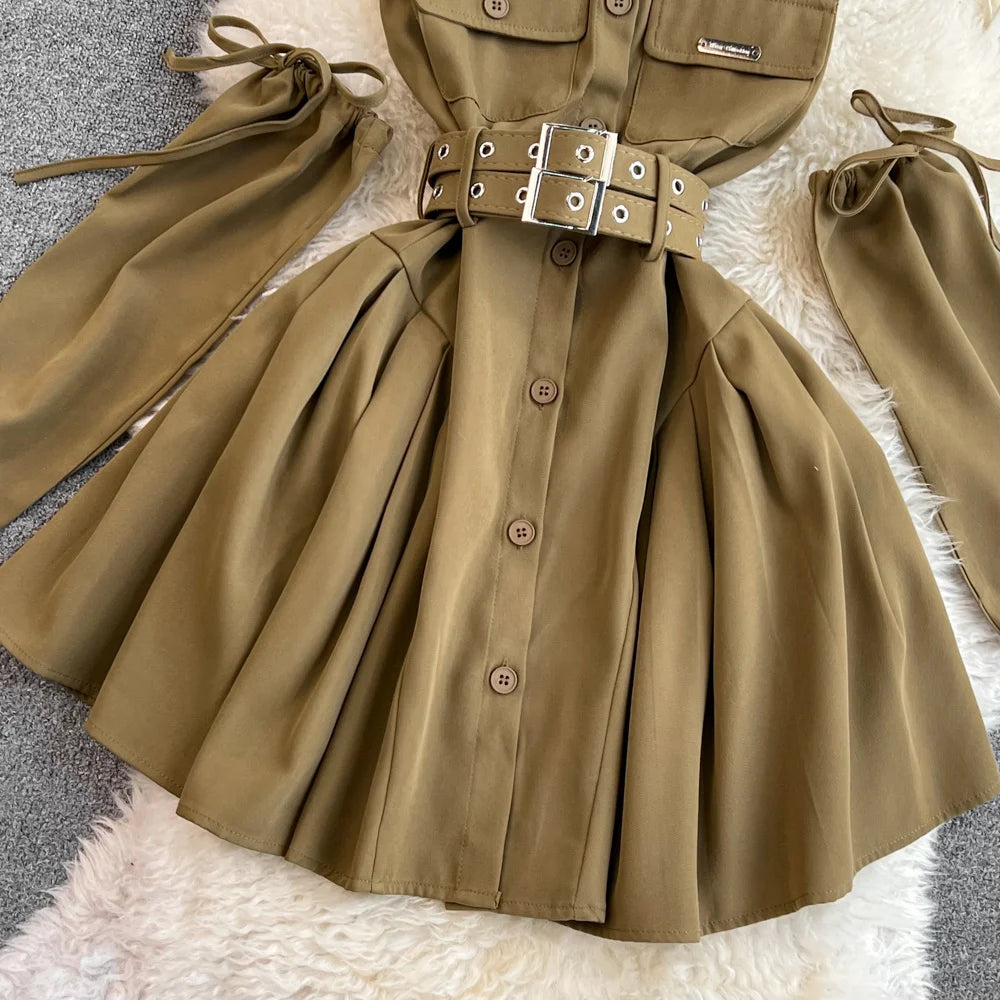 Turn-down Collar Waist Thin A-line Fluffy  Y2K Shirt Dress