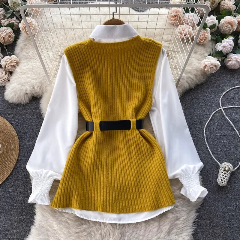 Luxury Style Loose-fit Long Sleeve White Shirt Side Slit Knit Vest 2-piece Set