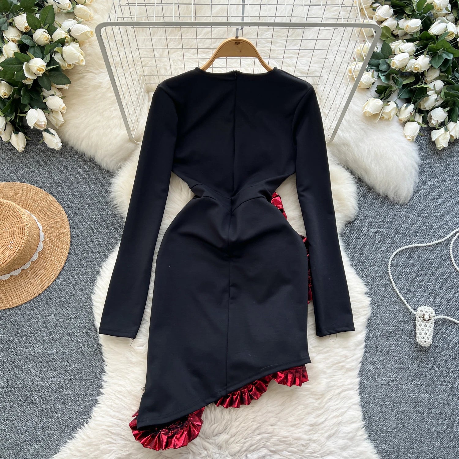 Elegant Three-dimensional floral asymmetrical long sleeve Dress