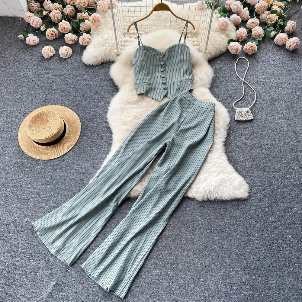 Spaghetti Strap Tops & High Waist Long Pants Two Piece Suits