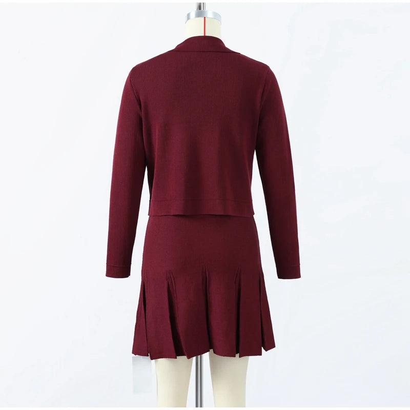 Knitted Two Pieces Single Breasted Lapel Cardigan Pleated A-line Mini Skirt Set