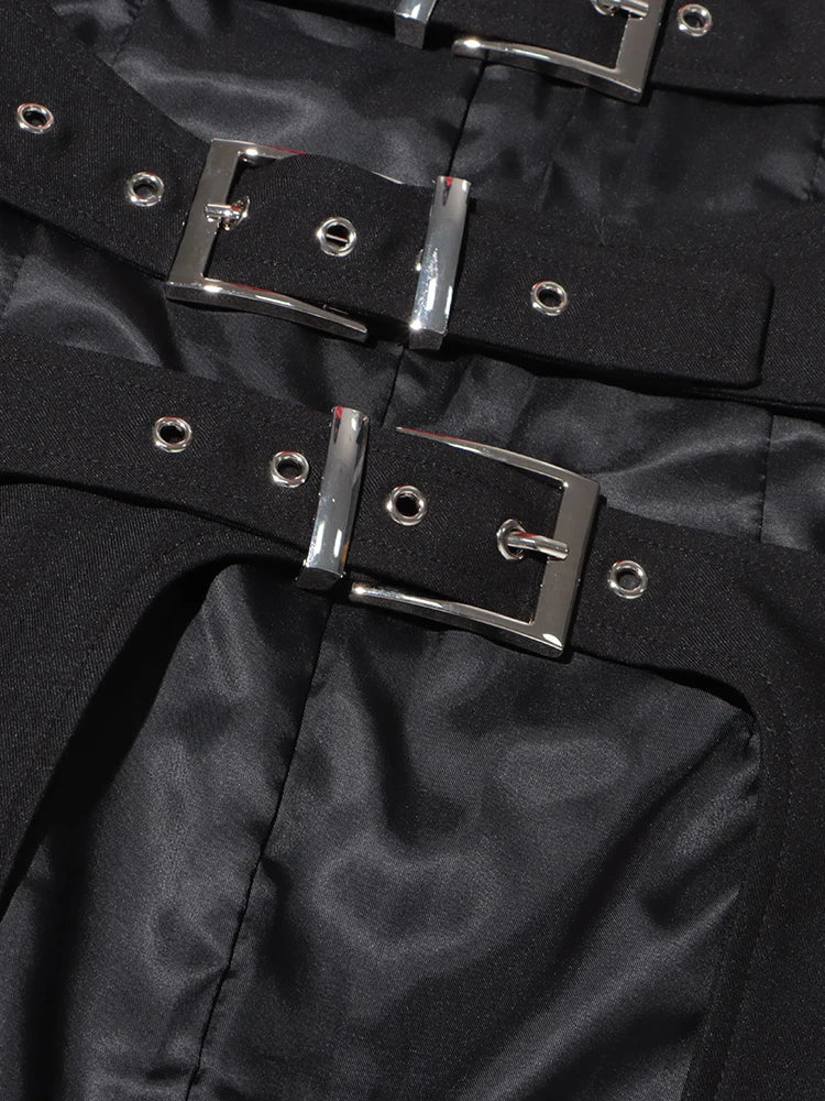 Solid Hollow Out Lapel Long Sleeve Spliced Belt Chic Asymmetrical Jackets