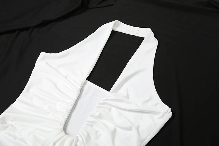 Backless Tassel Pleated Patchwork Halter Sleeveless Dress