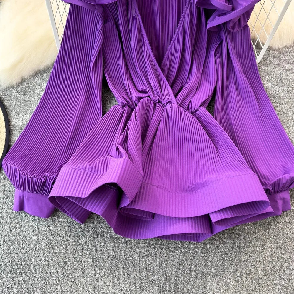 Long Sleeve Pleated V-Neck Flower Ruffles Blouse