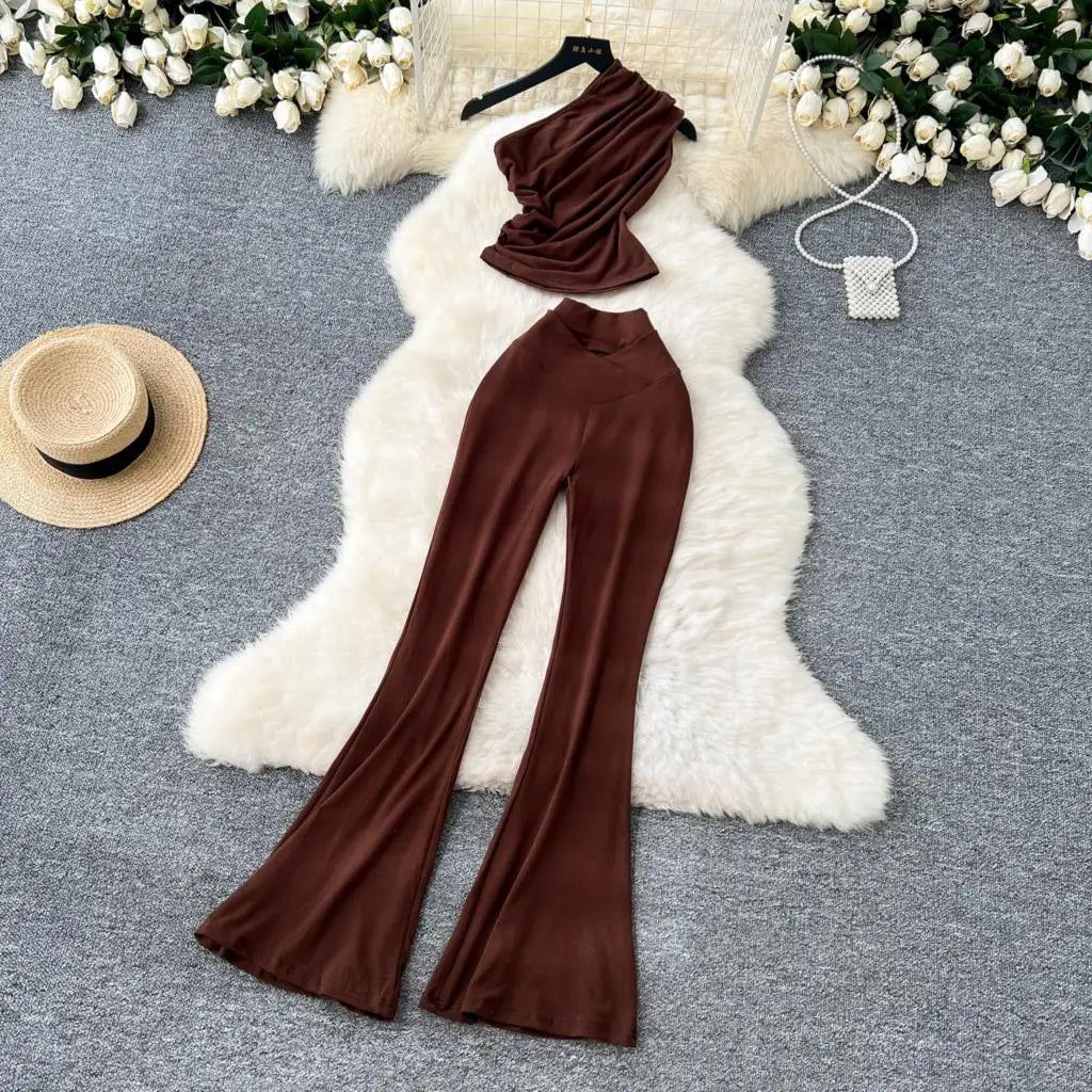 Two Pieces Sets Elegant Chic Skew Collar Pleated Tops + High Waist Flare Casual Pants  Outfits