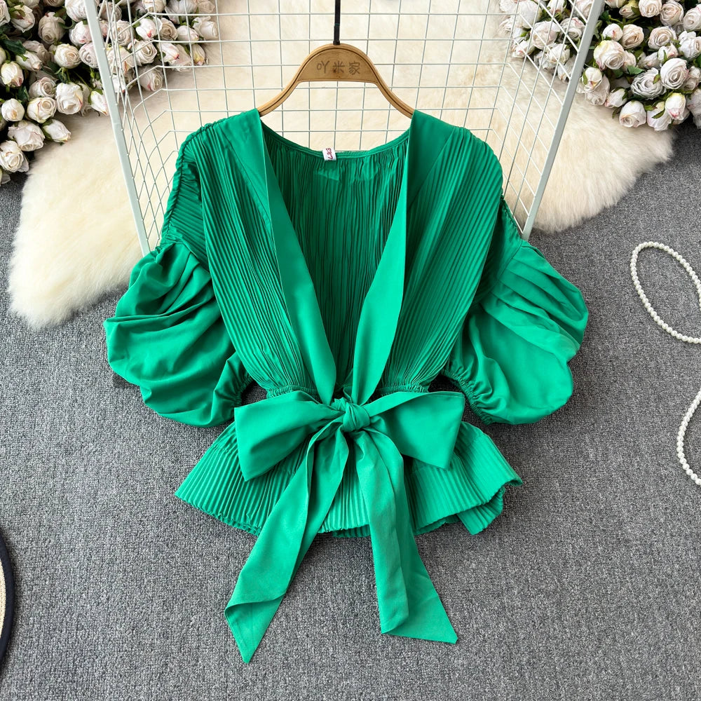 Ruffle Couture Puff Sleeved Pleated Top Y2k Blouse