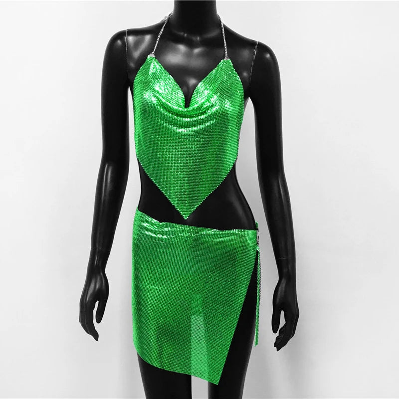 Metal Sequins 2 Piece Set Backless Halter Tank Tops Split Mini Skirts