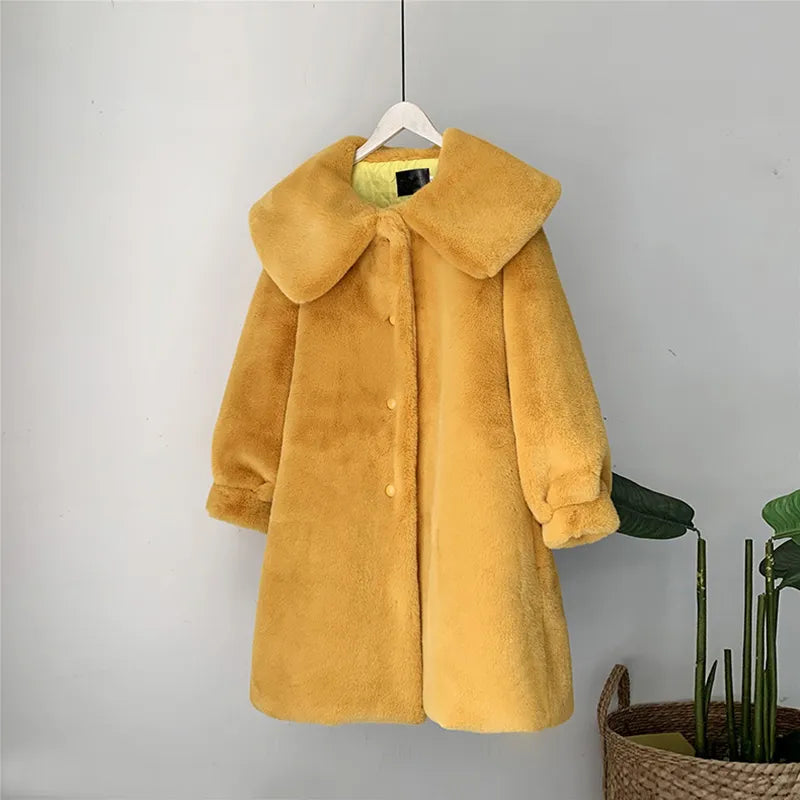 Turn Down Collar Faux Fur Long Coat Fake Mink Fur Plush Eco-coat Skirt Loose Overcoats Streetwear