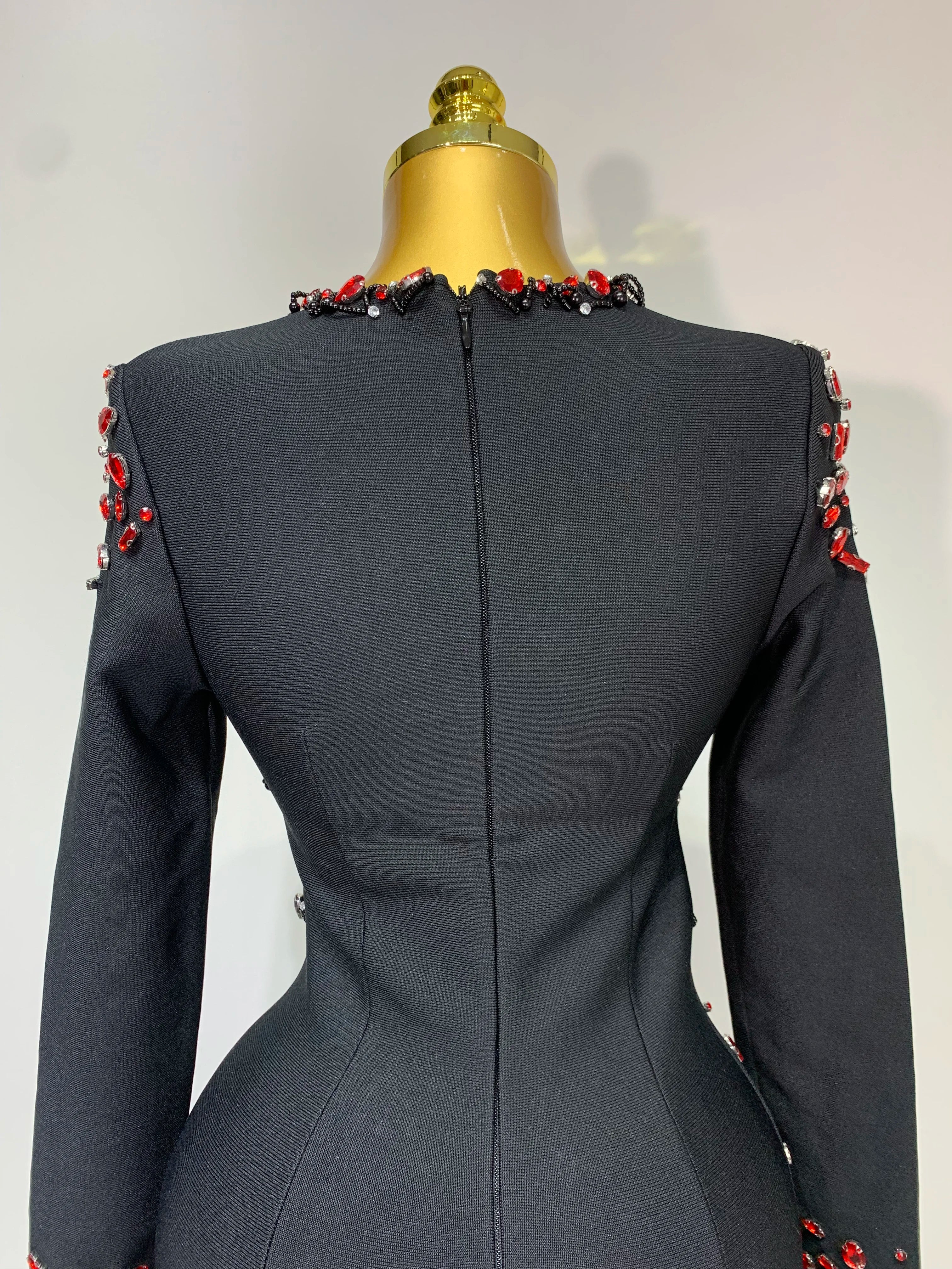 Luxury Long Sleeve V Neck Rhinestone Bandage Dress