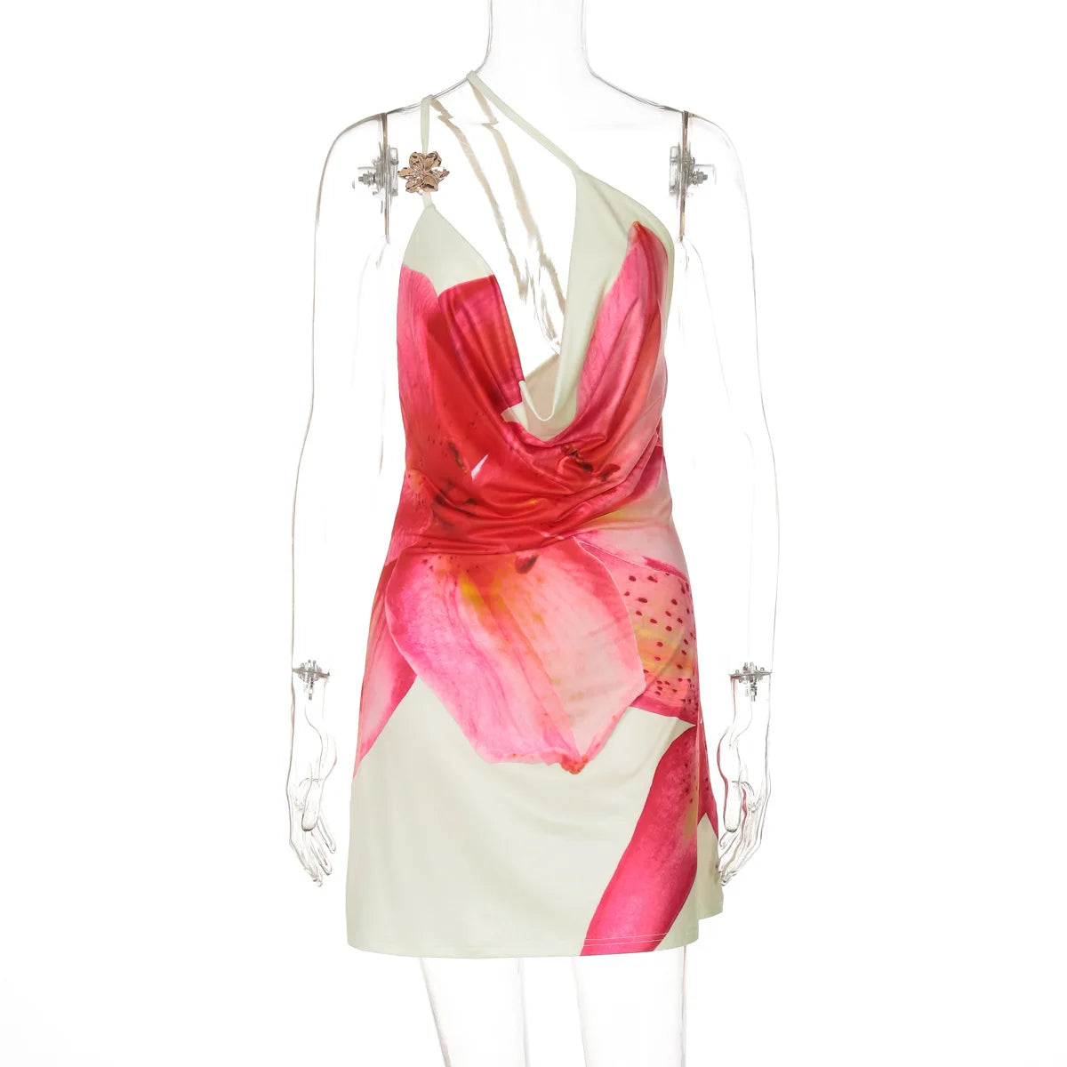 One-shoulder Printed High Waist Draped Swinging Collar Dress