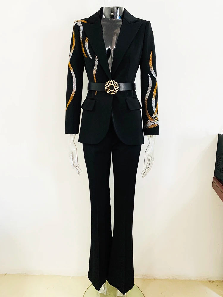 HIGH STREET Runway Diamonds Belted Blazer Flare Trousers Two Piece Set