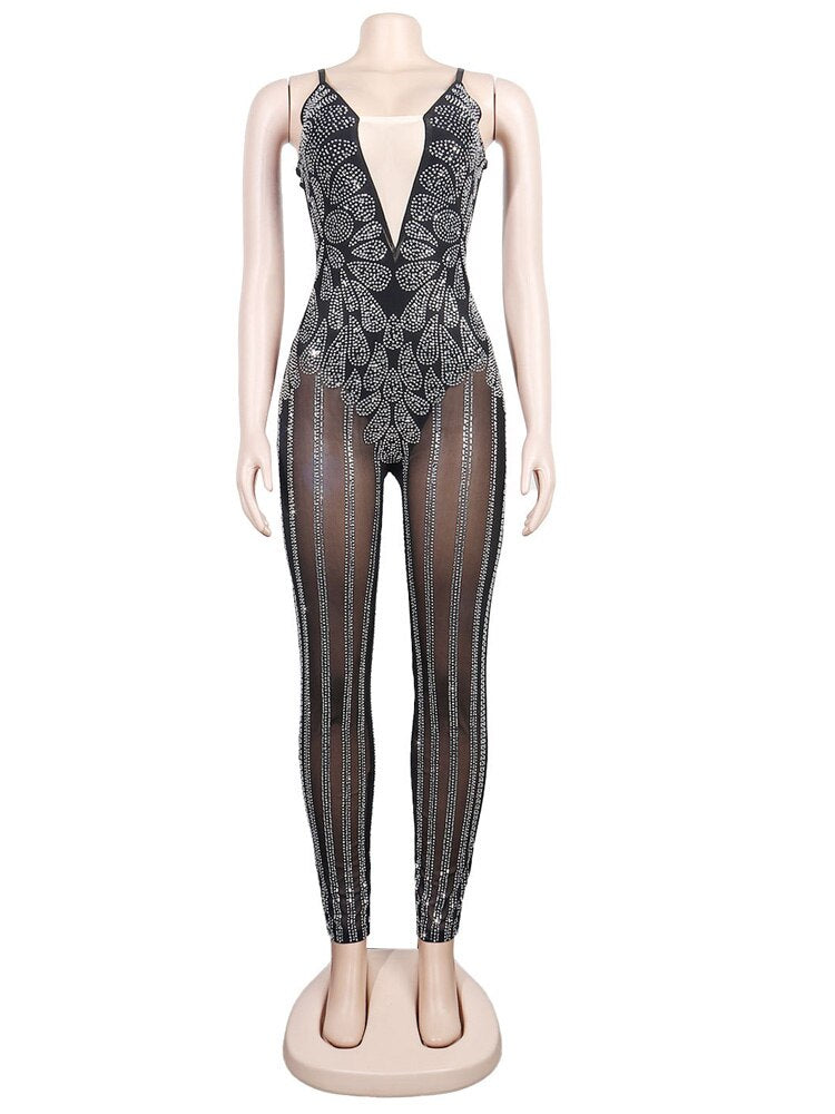 Sparkle Sheer Mesh Crystal Rompers See-Through Rhinestone Jumpsuits