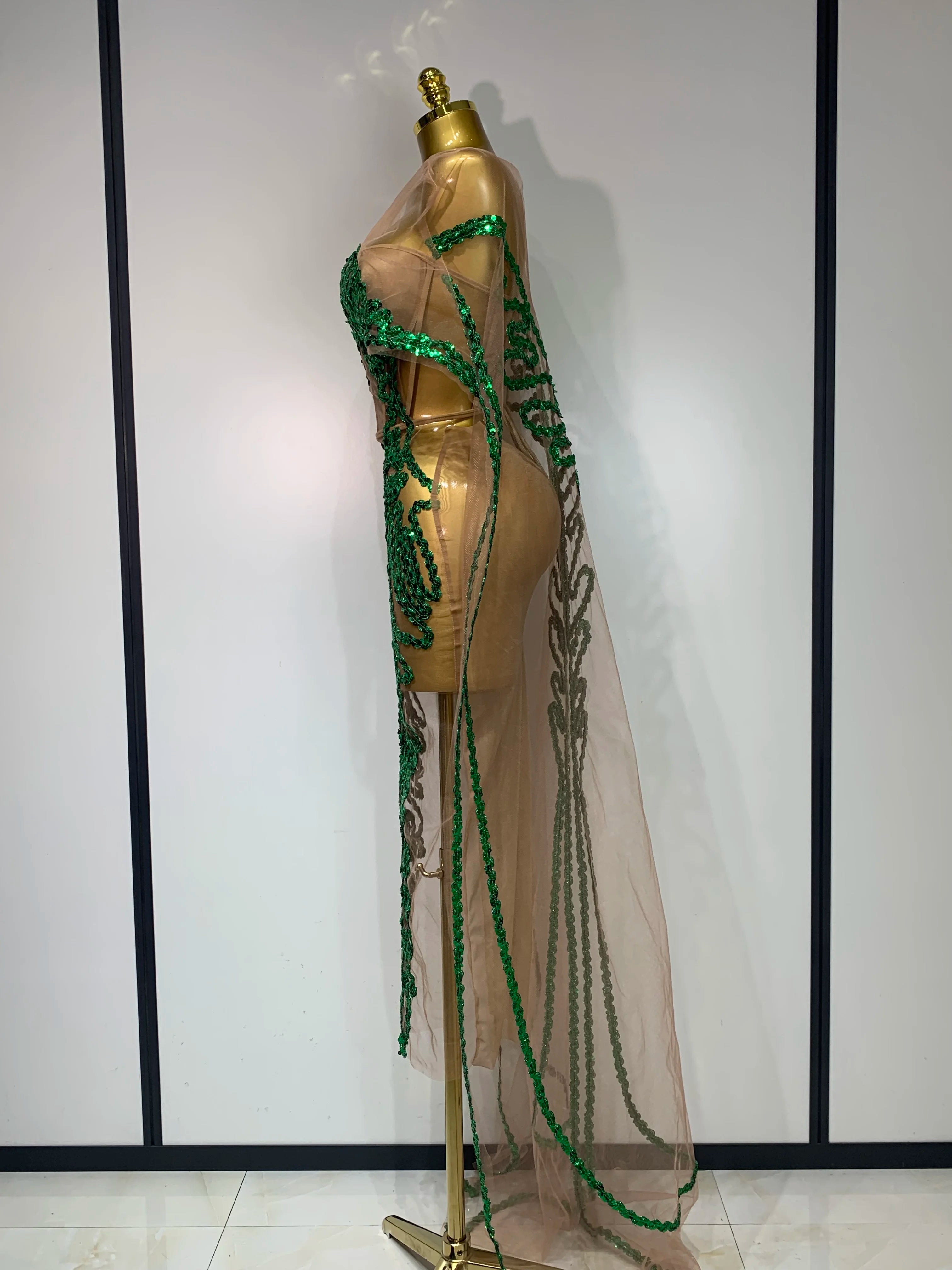 See Through Mesh Sparkly Green Sequins Party Dress