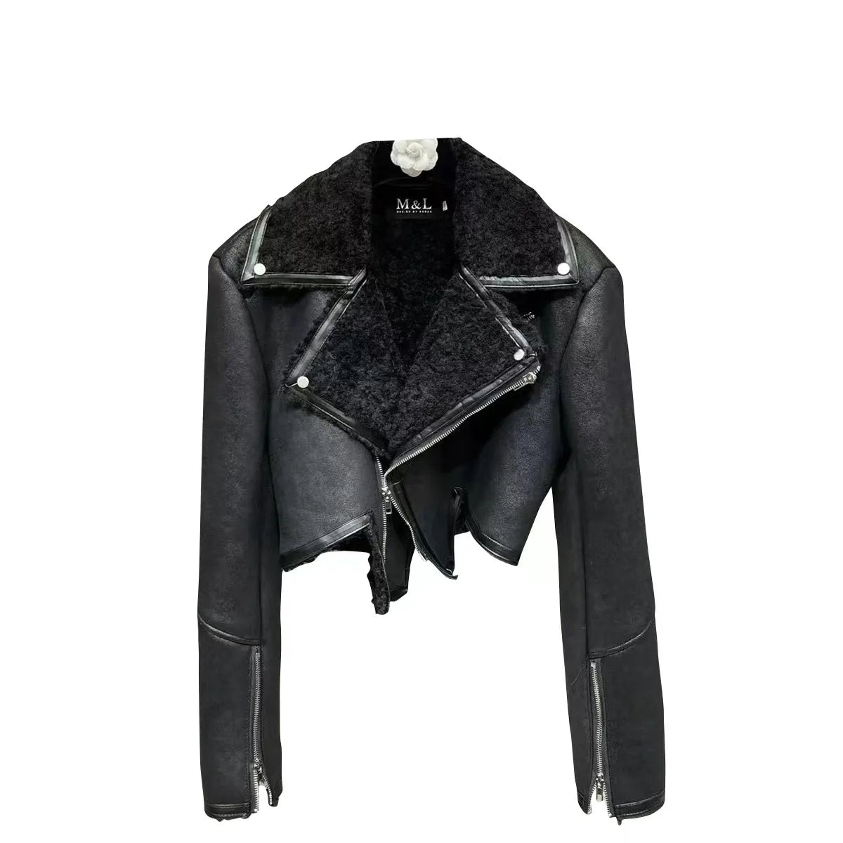 Turn Down Collar Zippers Sleeve Cuff Faux Fur Leather Jacket