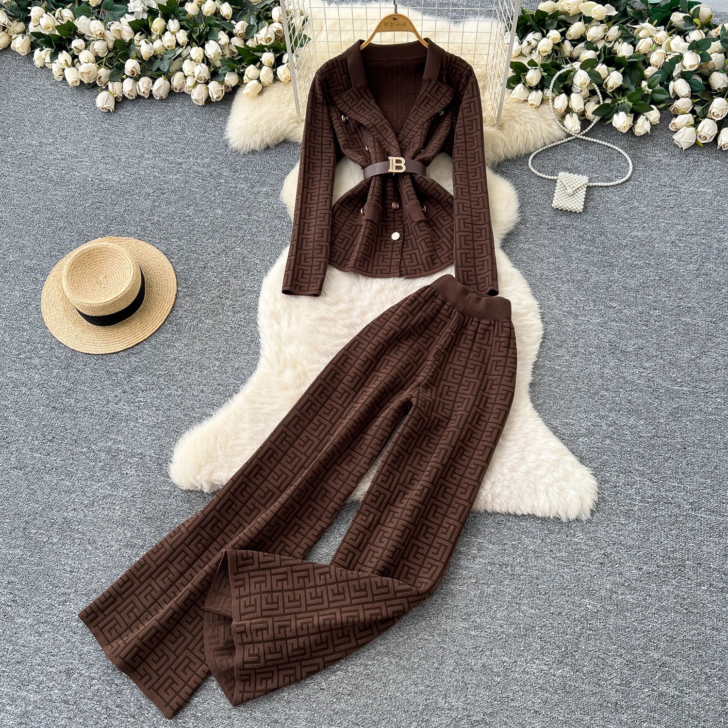 Elegant High Waist Pants Knitted Top with Belt Two Piece Set