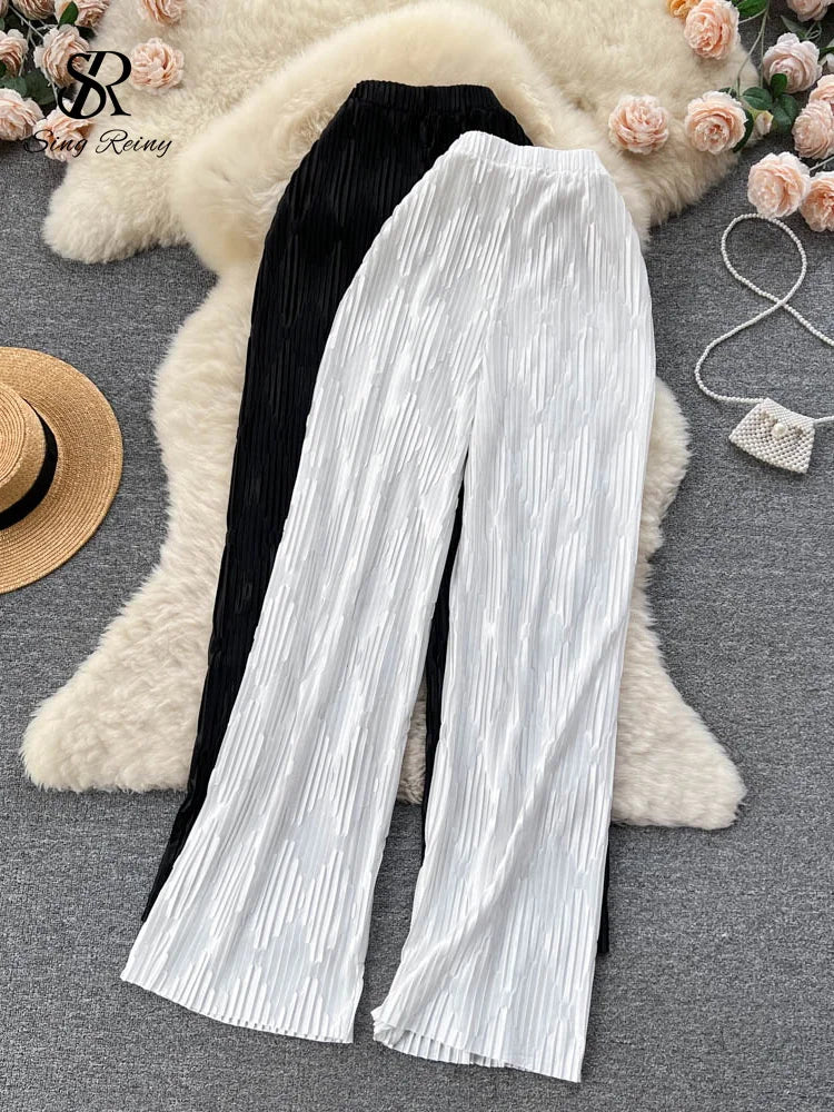 Pleated Vintage Striped Long High Waist Wide Leg Trousers