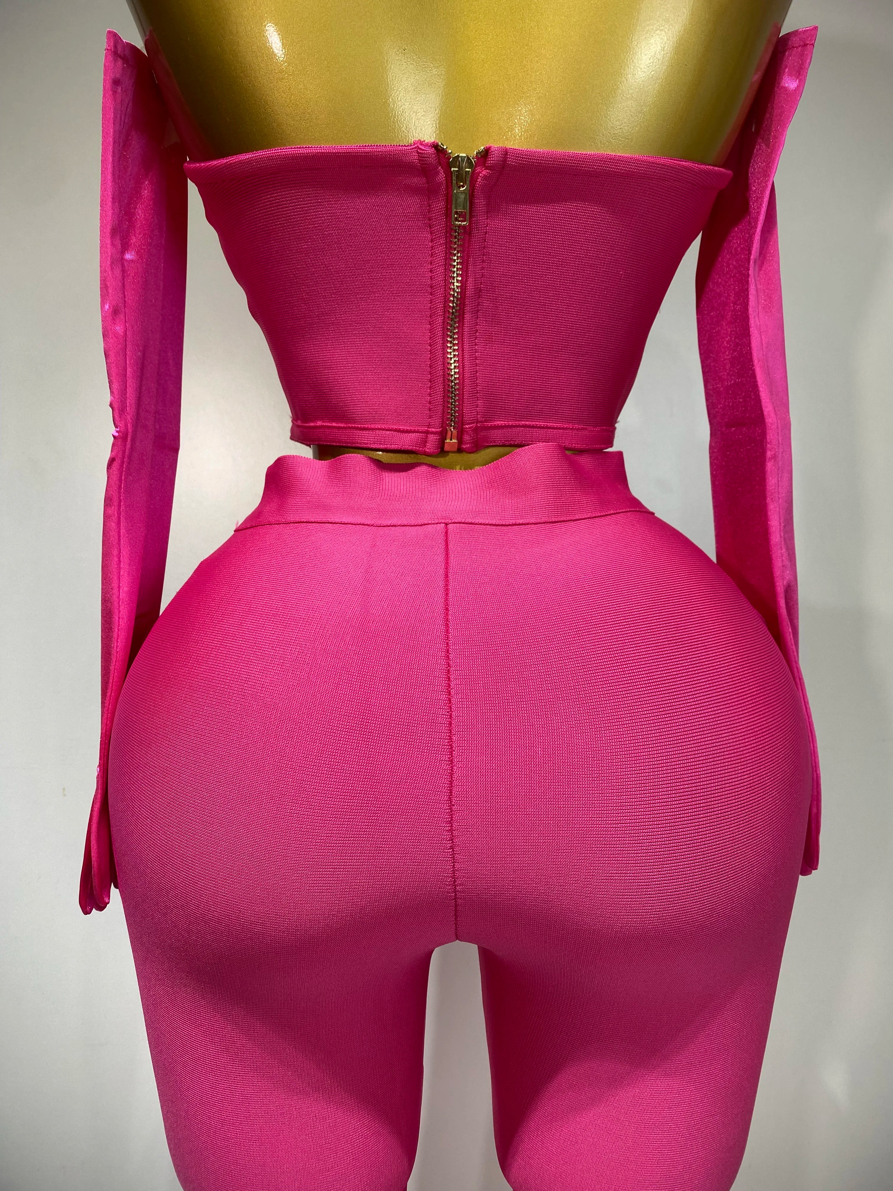 Strapless Backless Hot Pink Glove Pants Bandage Three Piece Suit Birthday Outfit