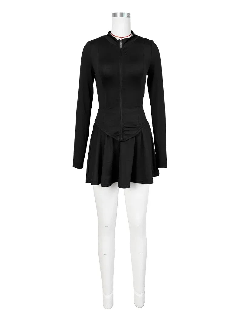 Sporty Casual 2 Piece Set Long Sleeve Zip-up Slim Top + Mini Flare Skirts with Safety Shorts Suit