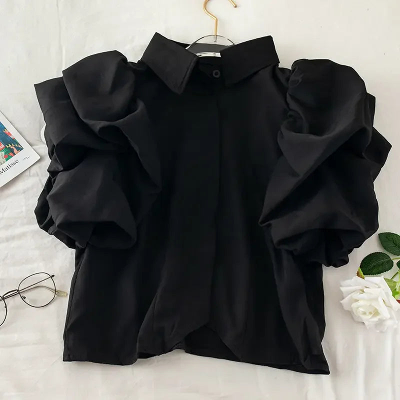 Lantern Short Sleeve Pleated Ruffled Blouse