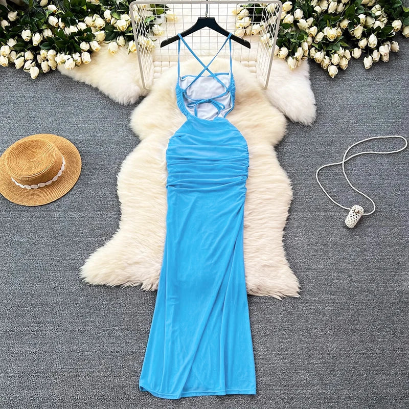 Spaghetti Strap Strapless Sleeveless Folds Split Slim Fit Solid Backless Dress