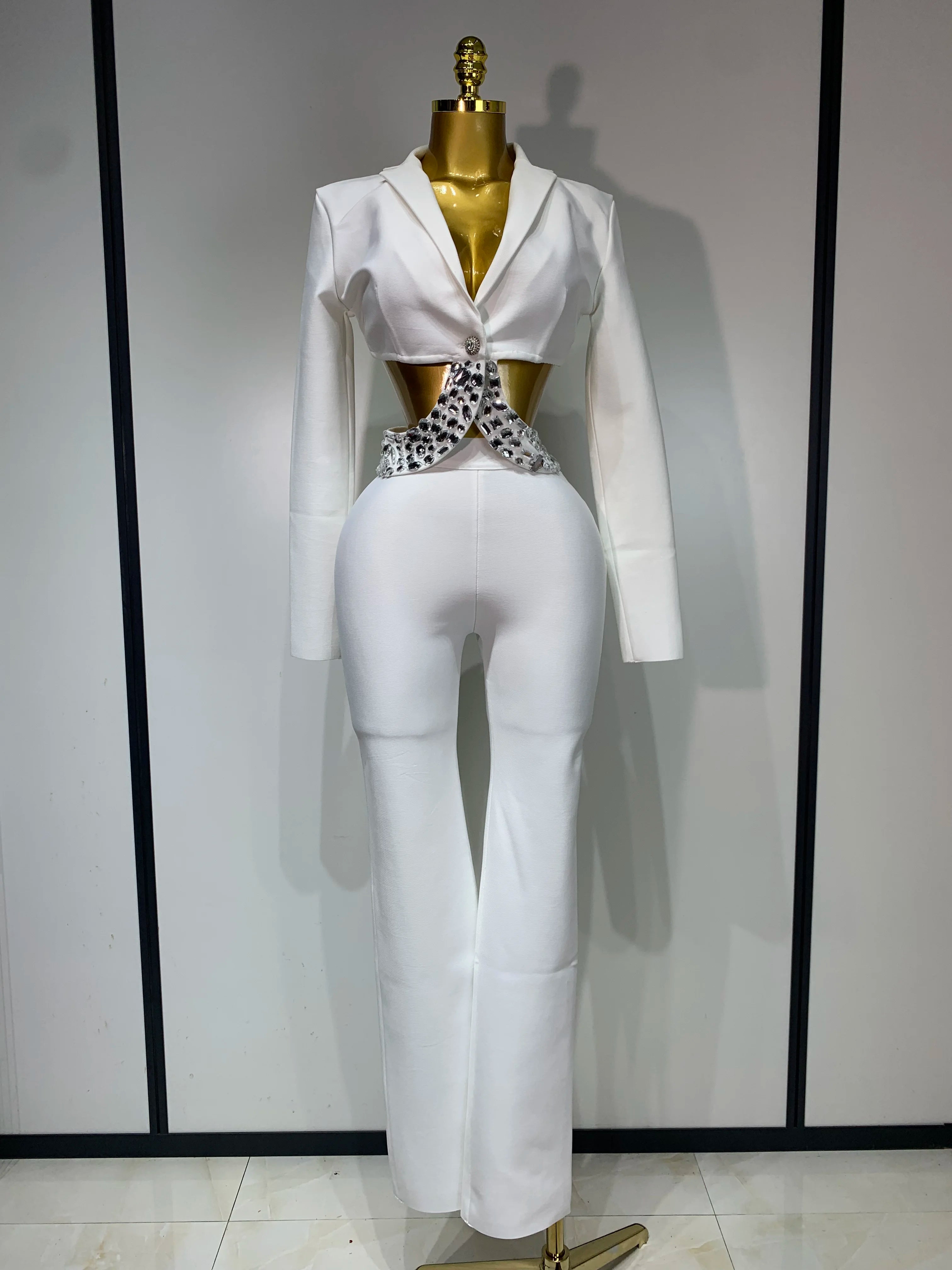 Luxury Two Piece Set Long Sleeve Beading Bodycon Top And Bandage Pants Set