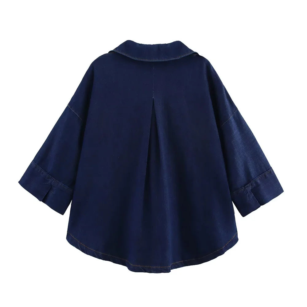 Denim Set Loose Fit Button Down Shirt With Wide Leg Pants