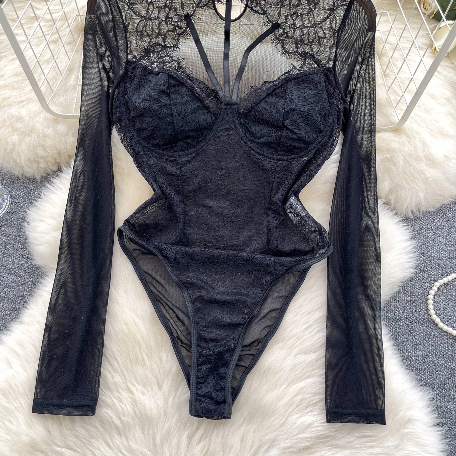 Hollow Out Mesh O Neck Long Sleeves Slim Fit Sheath Bodysuit